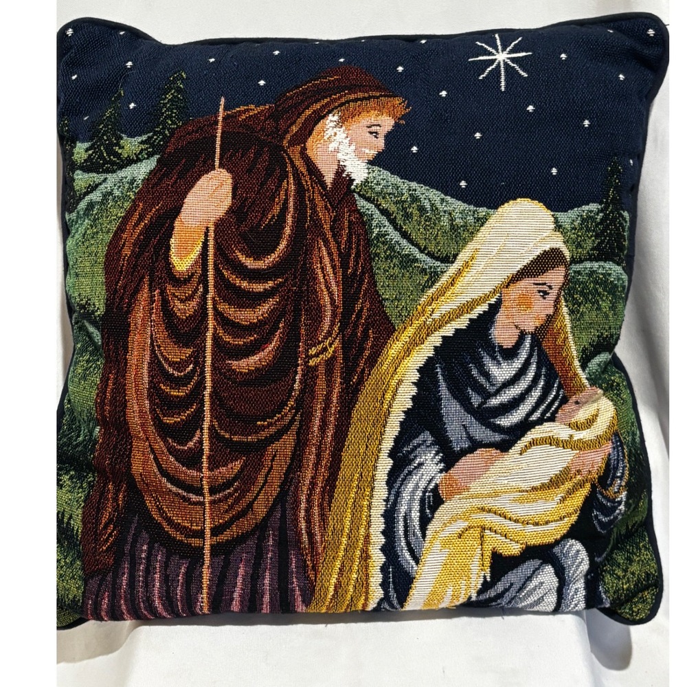 Vintage Nativity Scene Woven Tapestry Throw Pillow 15" Mary Joseph Christmas